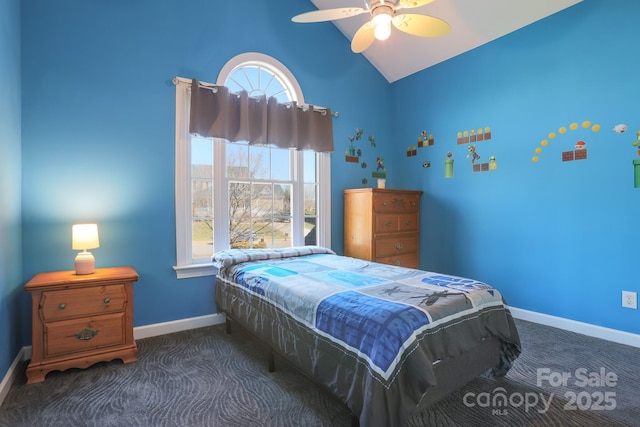 carpeted bedroom with multiple windows, lofted ceiling, and ceiling fan