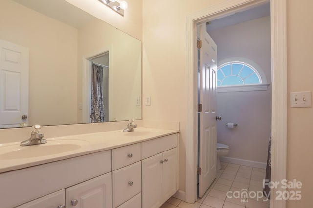 bathroom featuring tile patterned flooring, vanity, and toilet