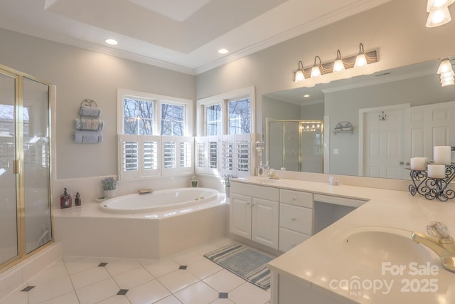 bathroom with vanity, crown molding, tile patterned floors, and independent shower and bath