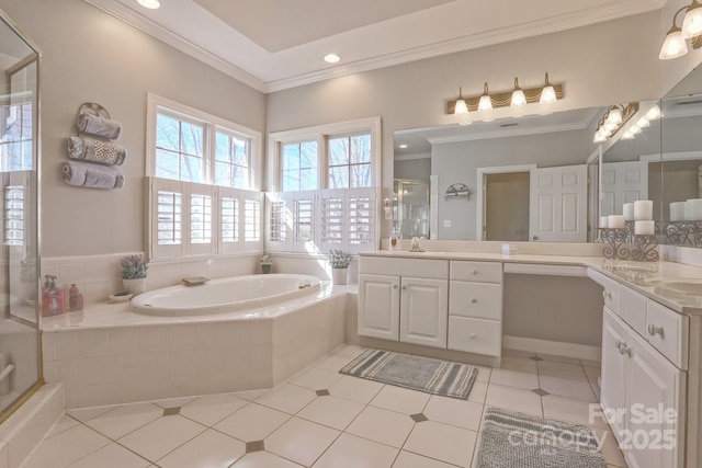 bathroom with tile patterned flooring, crown molding, vanity, and plus walk in shower