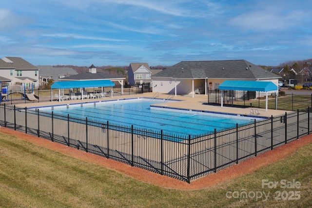 view of pool featuring a gazebo, a lawn, and a patio area