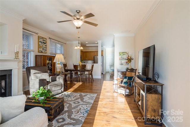 living room with ceiling fan, hardwood / wood-style floors, and crown molding