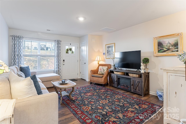 living room with dark hardwood / wood-style flooring