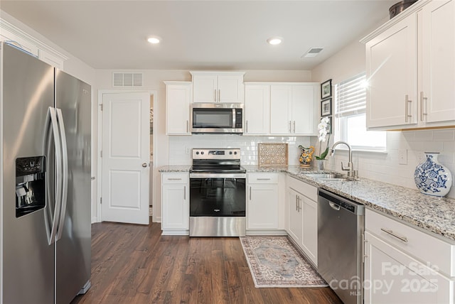 kitchen featuring dark wood-type flooring, sink, white cabinets, and stainless steel appliances