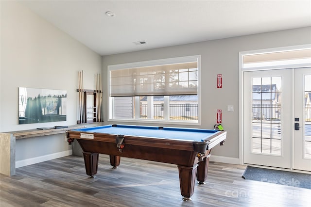 game room with french doors, wood-type flooring, and billiards