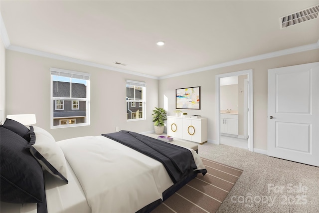 carpeted bedroom featuring sink, ensuite bathroom, and crown molding