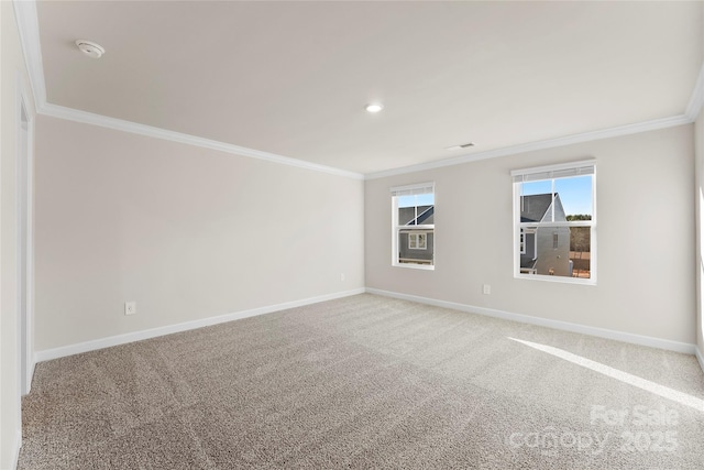 carpeted empty room with ornamental molding