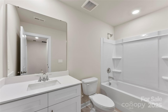 full bathroom with shower / bathtub combination, toilet, and vanity