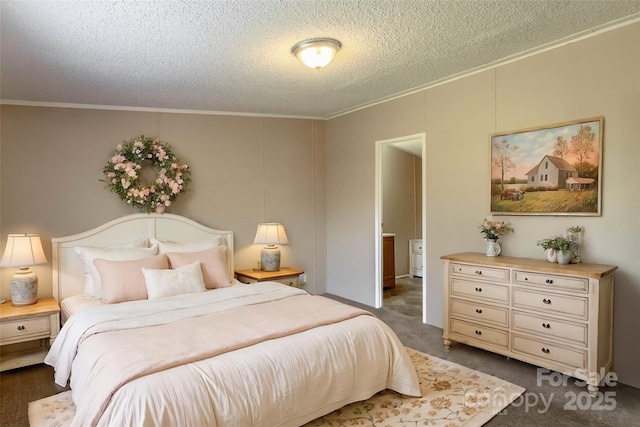 carpeted bedroom featuring a textured ceiling and crown molding