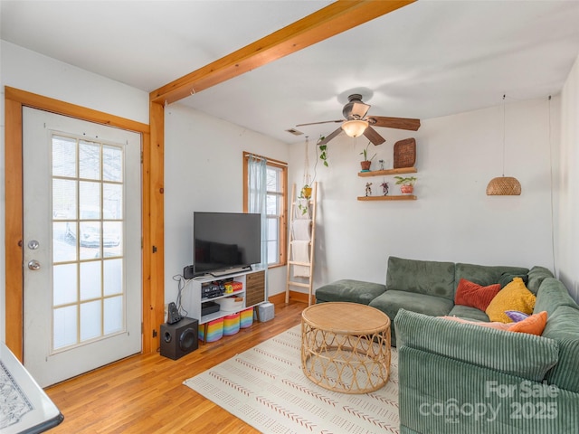 living room with hardwood / wood-style flooring and ceiling fan