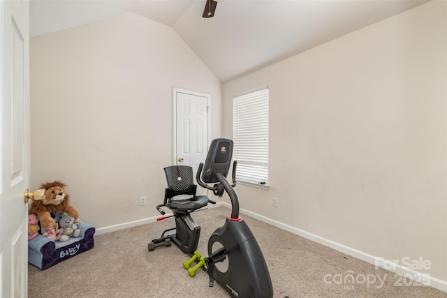 exercise area featuring ceiling fan, vaulted ceiling, and carpet