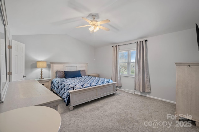 bedroom featuring light colored carpet, ceiling fan, and lofted ceiling