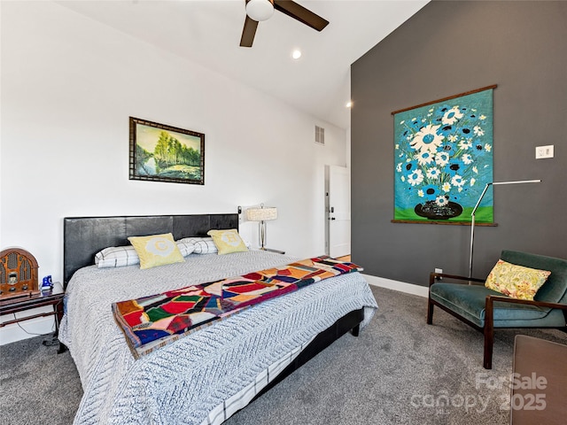 bedroom featuring carpet flooring, ceiling fan, and lofted ceiling