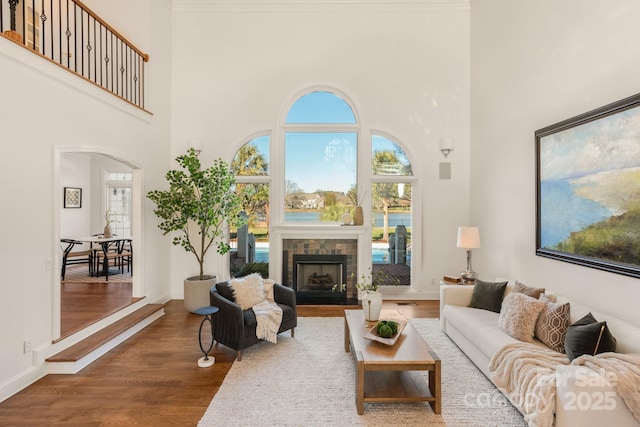 living room with dark hardwood / wood-style floors, a towering ceiling, and a tiled fireplace