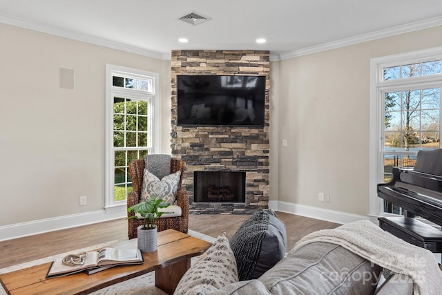 living room with hardwood / wood-style floors, ornamental molding, and a stone fireplace