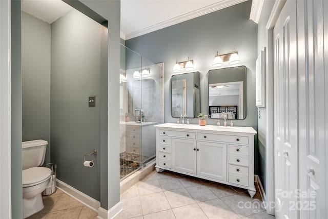 bathroom featuring tile patterned flooring, vanity, walk in shower, and toilet