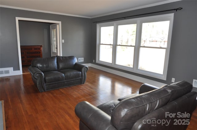 living room featuring crown molding and wood-type flooring