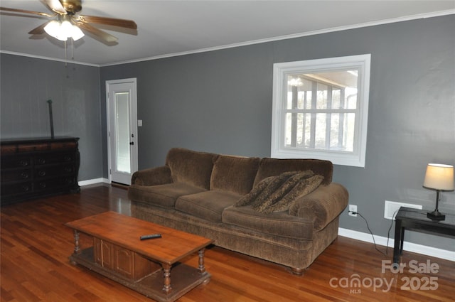 living room featuring dark hardwood / wood-style floors, ceiling fan, and ornamental molding