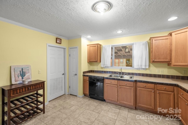 kitchen with sink, dishwasher, ornamental molding, a textured ceiling, and tile countertops