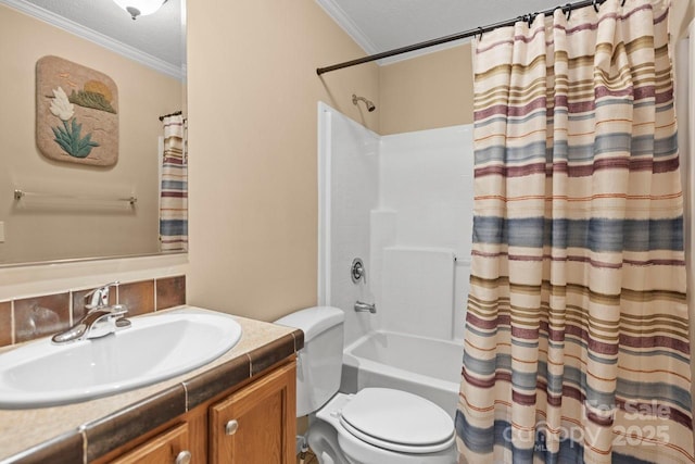 full bathroom featuring crown molding, backsplash, vanity, shower / bath combination with curtain, and a textured ceiling