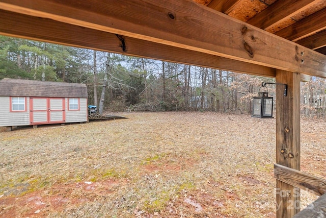 view of yard featuring a storage shed