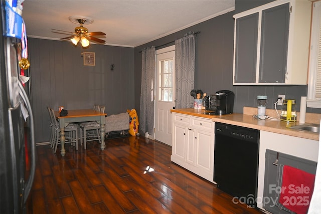 kitchen featuring dark hardwood / wood-style floors, stainless steel fridge, white cabinetry, ceiling fan, and black dishwasher