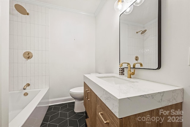 full bathroom featuring vanity, tiled shower / bath combo, toilet, tile patterned floors, and ornamental molding