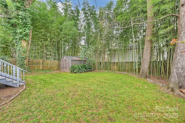 view of yard with a shed