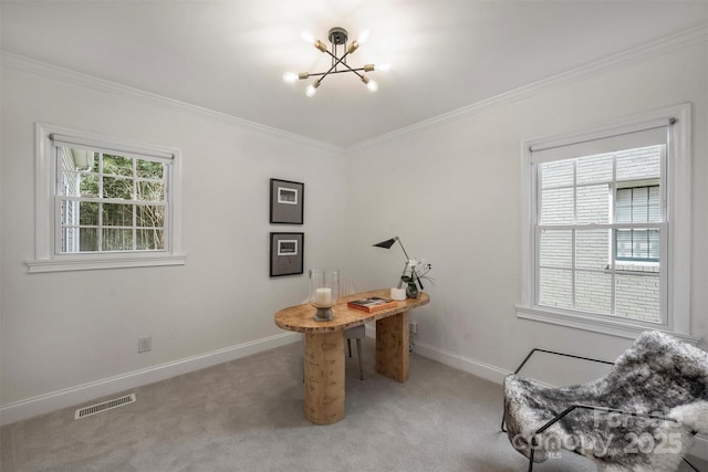 office area with a chandelier, light colored carpet, ornamental molding, and baseboards