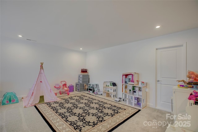 game room featuring carpet floors, baseboards, and recessed lighting