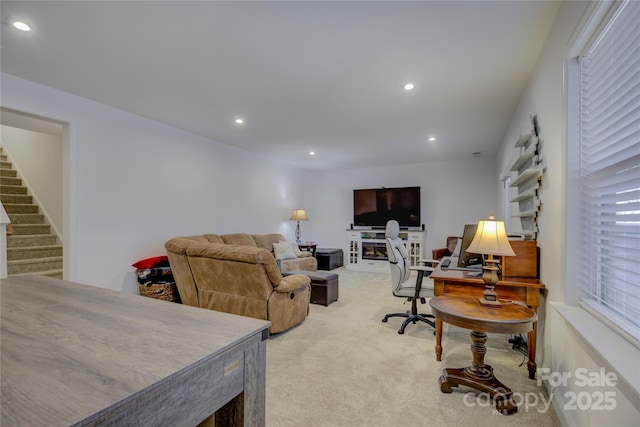 1224 Regions Blvd, Fort Mill, SC 29707 - living area featuring recessed lighting, light carpet, and stairs