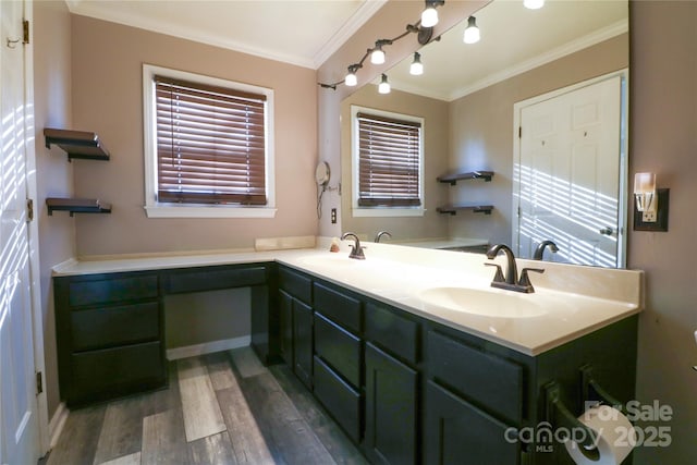 bathroom with hardwood / wood-style floors, vanity, and crown molding