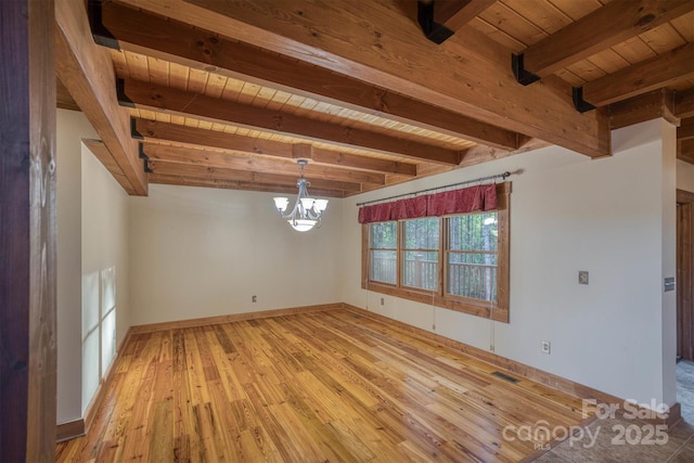 empty room featuring beamed ceiling, light wood-type flooring, an inviting chandelier, and wood ceiling