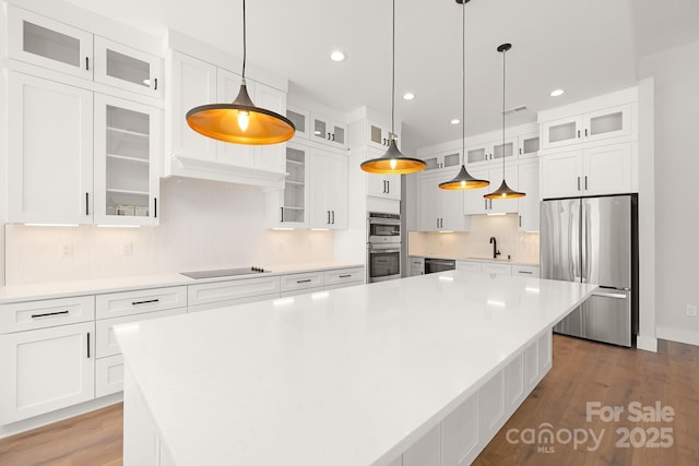 kitchen with white cabinetry, hanging light fixtures, a spacious island, and appliances with stainless steel finishes