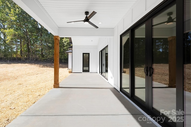 view of patio with ceiling fan and french doors