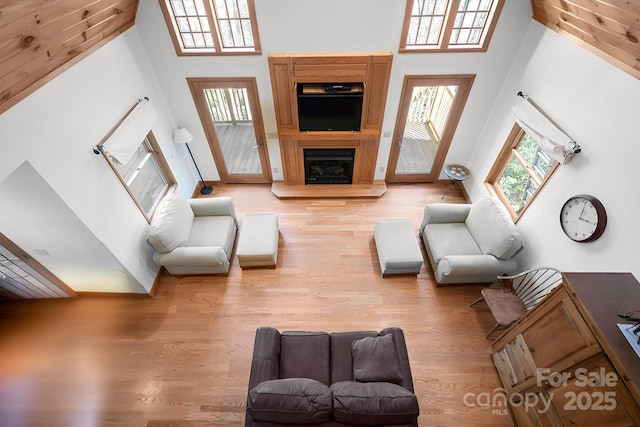 living area featuring a fireplace with raised hearth, a high ceiling, and wood finished floors