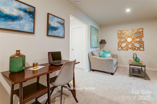 home office featuring light carpet