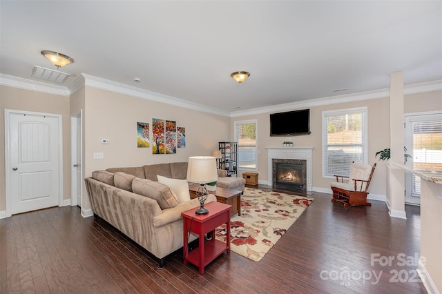 living room with a premium fireplace, ornamental molding, and dark hardwood / wood-style floors