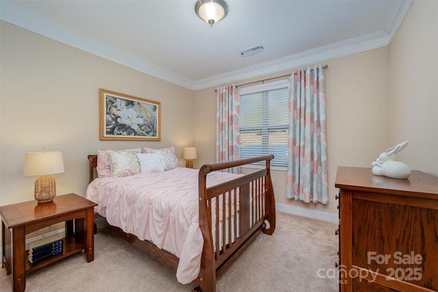 carpeted bedroom featuring ornamental molding