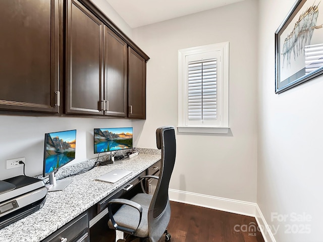 home office with built in desk and dark hardwood / wood-style flooring