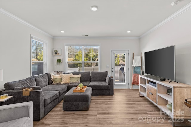 living room with hardwood / wood-style flooring, a wealth of natural light, and ornamental molding