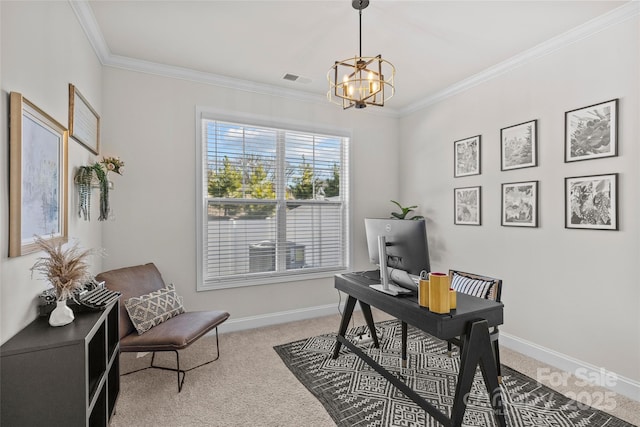 carpeted home office with a chandelier and crown molding