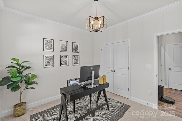 office area with carpet floors, ornamental molding, and a chandelier