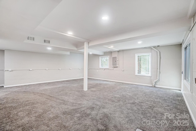 basement featuring electric panel and carpet