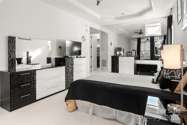 carpeted bedroom featuring a tray ceiling