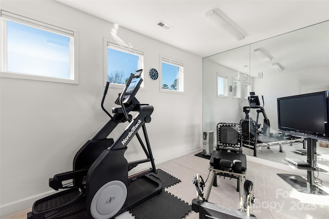 exercise area featuring light colored carpet