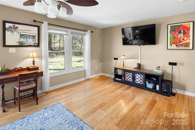 sitting room with ceiling fan and hardwood / wood-style flooring