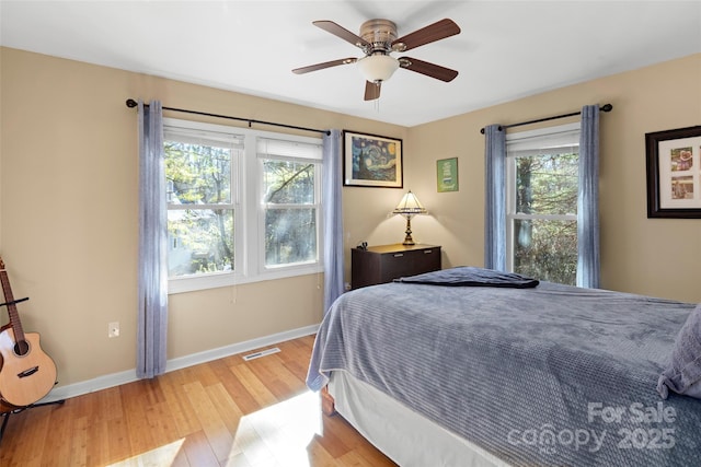 bedroom featuring ceiling fan and light hardwood / wood-style flooring