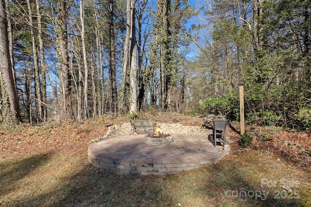 view of yard featuring an outdoor fire pit and a patio