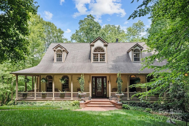 view of front of home with french doors, covered porch, and a front lawn